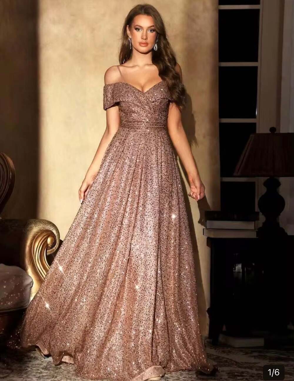 UNITHORSE Shoulder Fold / Long / Glittering Sequined Dress